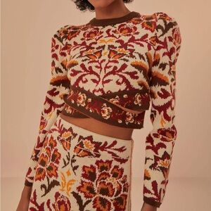Floral Jacquard Crewneck Sweater in Cream and Burgundy